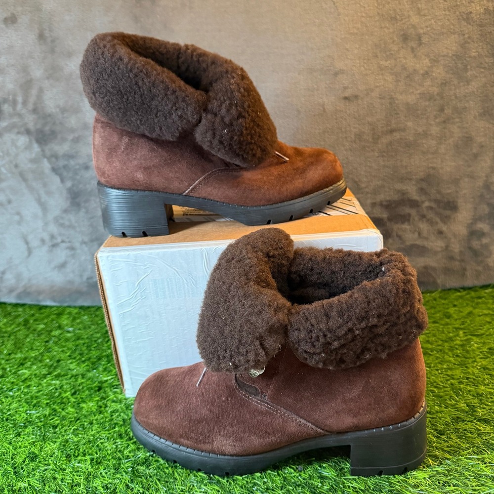 Sorel Brown Suede Shearling Trim Ankle Boots Lug Block Heel Womens‎ Size 6.5M